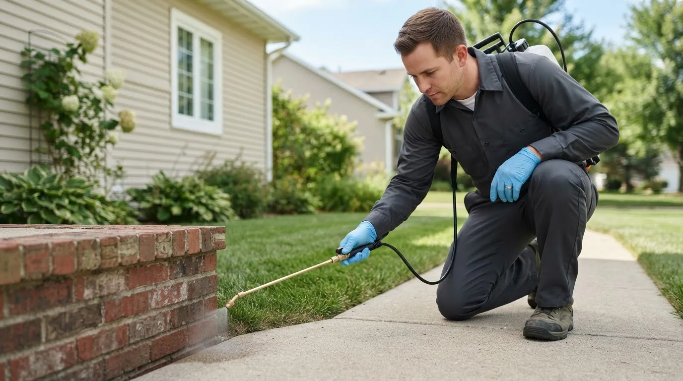 Pest control technician treating a home near Cranfills Gap, TX